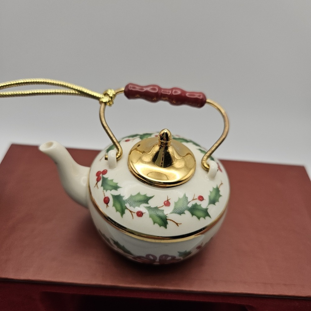 Lenox Holiday Tea Kettle Ceramic Hanging Ornament Holly Pattern Christmas - Picture 8 of 12
